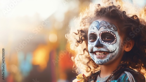 Happy child with skull face paint celebrating Day of the Dead