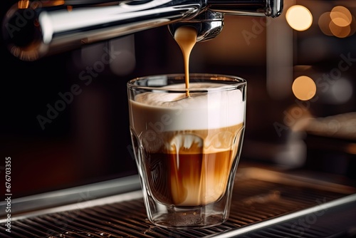 Espresso elegance. Morning rituals at modern cafe. Barista craft. Precision in every coffee drop. Cappuccino creations. Symphony of aroma and froth. Close up of expertise