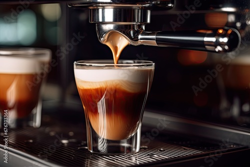 Espresso elegance. Morning rituals at modern cafe. Barista craft. Precision in every coffee drop. Cappuccino creations. Symphony of aroma and froth. Close up of expertise