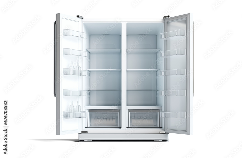 Major appliance - Front view white open doors two-door side by side refrigerator fridge on a white background. Isolated Major appliance - Front view white open doors two-door side by side refrigerator fridge on a white background. Isolated