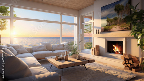 beautiful beach style interior design, blue white next to ocean, comfortable couch with wooden table, luxury home real estate agent