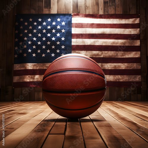 Basketball in front of an American flag. Generative ai.  photo