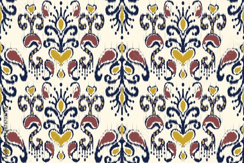 Ikat paisley floral colorful pattern. Illustration ikat paisley floral drawing shape seamless pattern. Ikat all over floral pattern use for fabric, textile, home decoration elements, upholstery, etc.