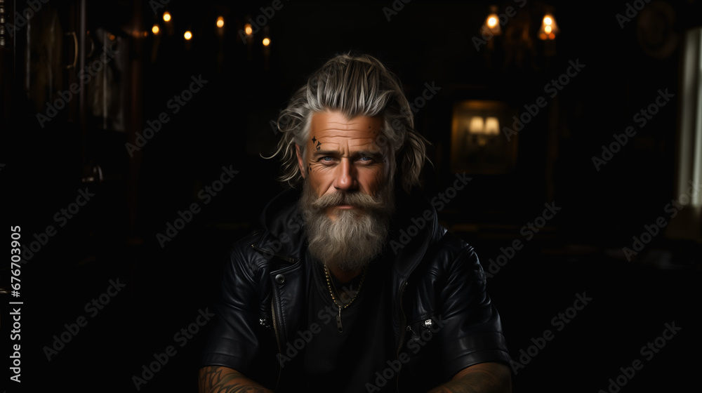 Obraz premium Studio lighting portrait photo of handsome stylish clothing good looking senior man with beautiful beard and tattoo. Elder healthy man fashion self care concept. Generative AI people model