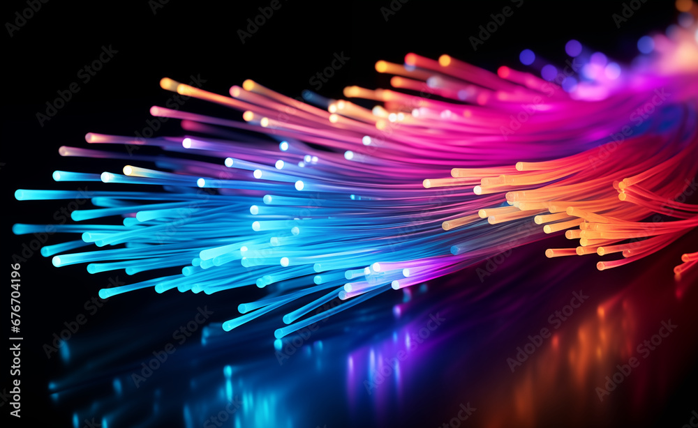 Abstract close up fiber optics light for background. Holiday concept. Optic communication and technology background. Optical lighting with bokeh.