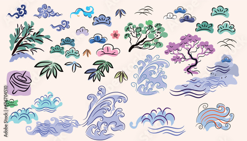 Big  set japanese hand drawn icons  Bamboo tree, sakura bloom, plum flowers, bonsai , Maneki neko  Vector cute  illustration 