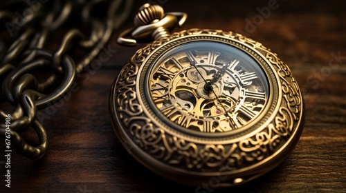 A beautifully detailed antique pocket watch, intricately engraved with a classic design, set against a dark, rustic background.