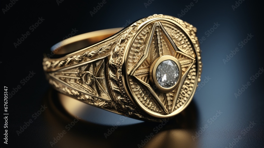 A beautifully textured Masonic ring displayed against a velvet background, emphasizing its elegance and charm. A beautifully textured Masonic ring displayed against a velvet background, emphasizing its elegance and charm.
