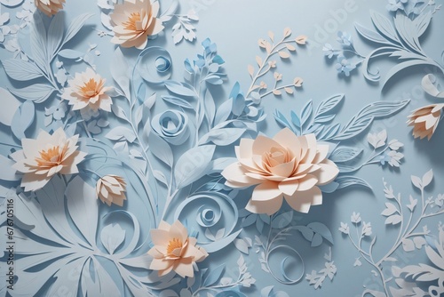 Design elements on a basic blue paper texture background. Background for party, birthday, wedding or graduation invitation card in white color with floral elements in soft art style. Generative Ai.