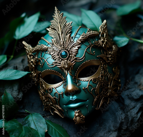Teal Decorated Carnival Mask on Background with Leaves. Generative AI. 