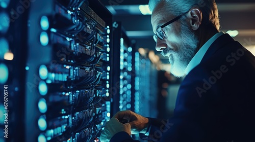 Portrait of senior information technology specialist person in the dark with blue light data center server room background. photo