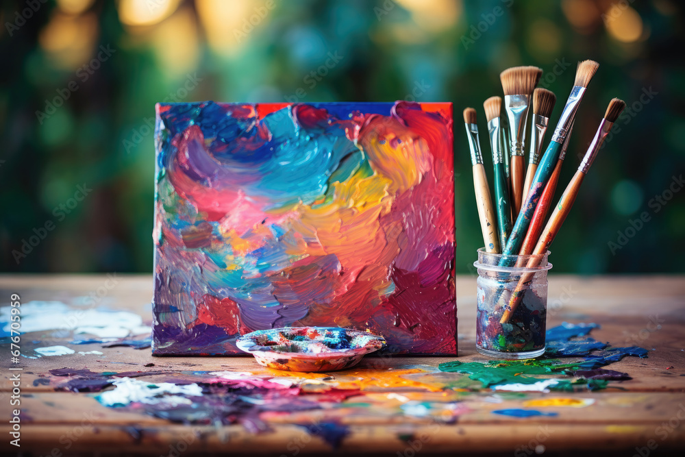Canvas with abstract drawing and paint brushes on the table Canvas with abstract drawing and paint brushes on the table