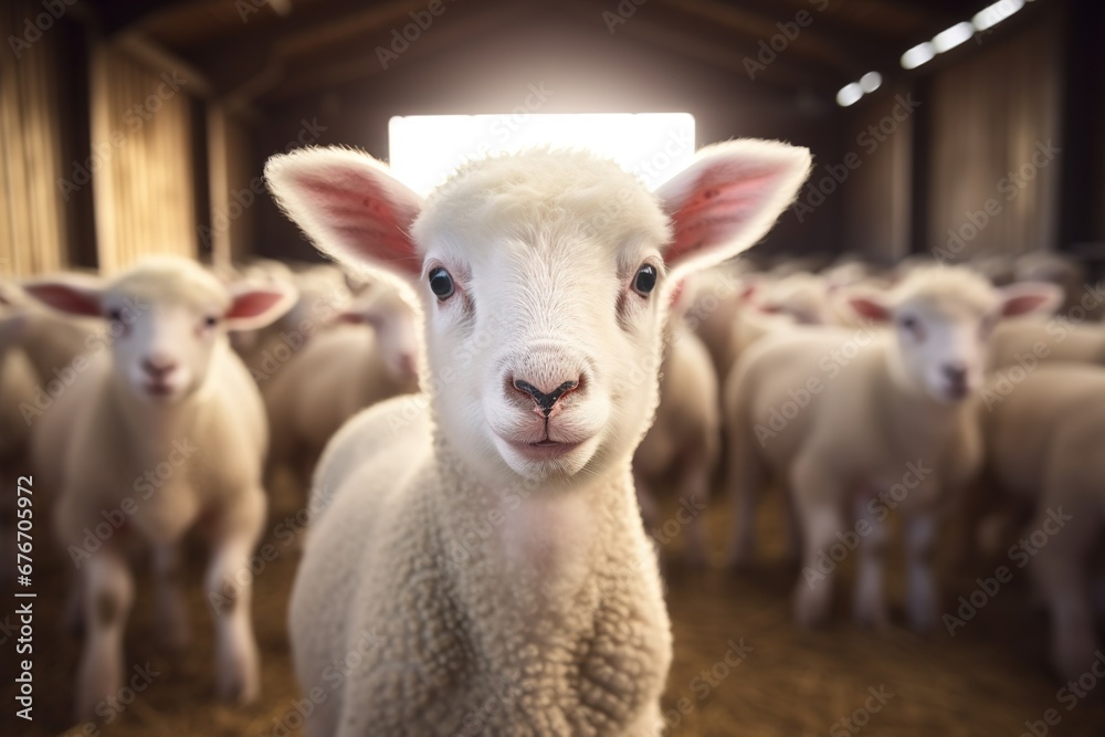 Portrait of a cute lamb on a background of sheep in the barn Portrait of a cute lamb on a background of sheep in the barn