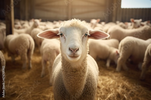 Portrait of a cute lamb on a background of sheep in the barn photo