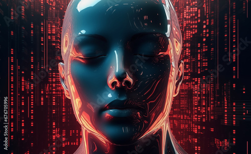 Human robot face as a building  grainy halftone duotone print  teal blue and red  comic book style  neon polygonal grid  cyberspace. 