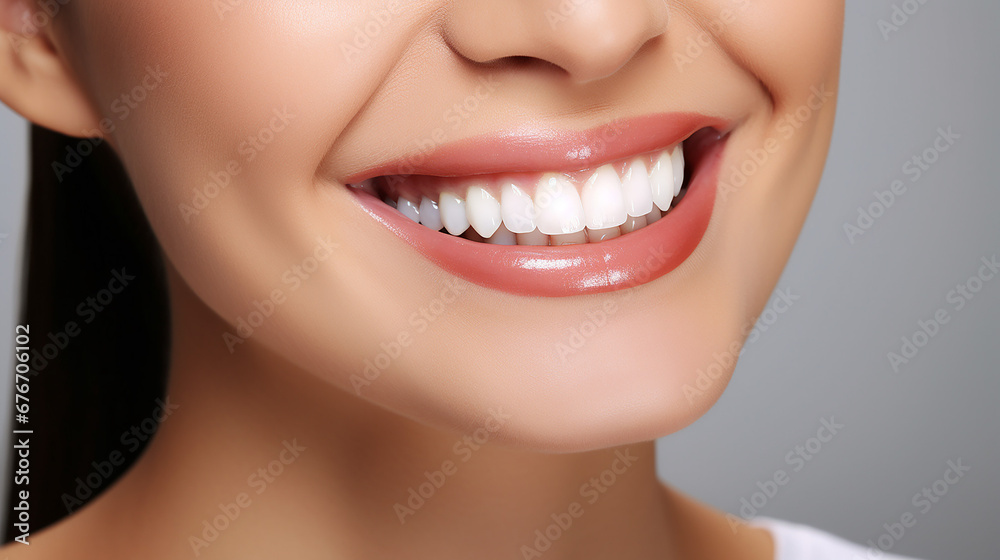 Obraz premium oung beautiful woman smiling on white background. Oral hygiene concept close up. Made with generative ai