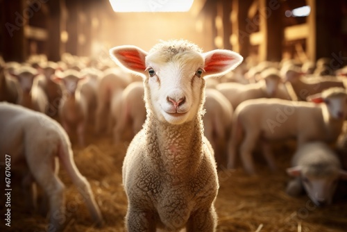 Portrait of a cute lamb on a background of sheep in the barn photo