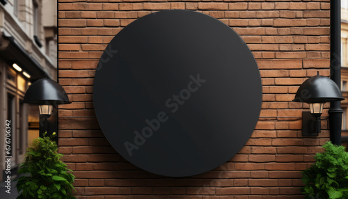 Close up circle black blank empty mockup of street store template signboard on empty wood wall