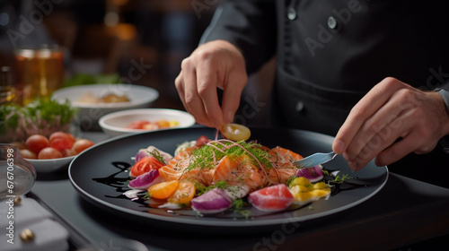 beautiful plate of food served in restaurant, gourmet, waiter food service, dinner, lunch