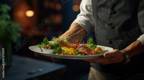 beautiful plate of food served in restaurant, gourmet, waiter food service, dinner, lunch photo