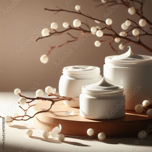Composition of cosmetic packaging mockups. Skin care product presentation. Elegant mockup. Beauty and spa. Warm shadows, copy space. Generative AI