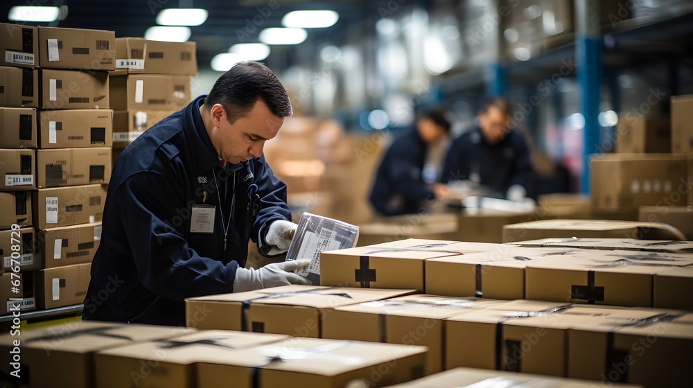 Custom inspection process, medium shot of officers meticulously checking imported goods, emphasizing the scrutiny and formalities required for global trade. - obrazy, fototapety, plakaty 