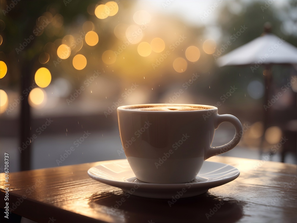 Fototapeta premium Cup of hot coffee in cafe at rainy weather. AI generated illustration