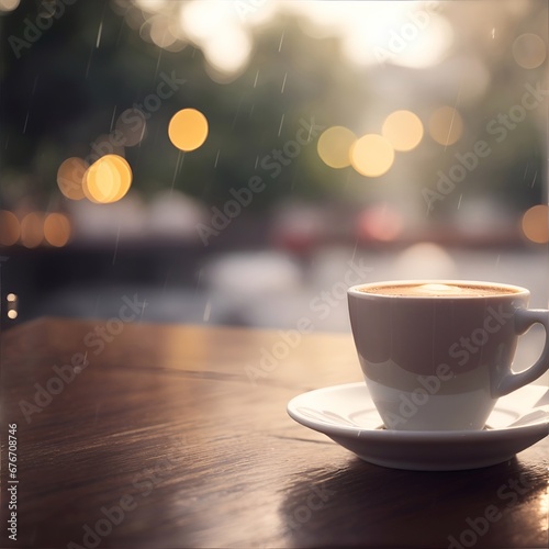 Cup of hot coffee in cafe at rainy weather. AI generated illustration