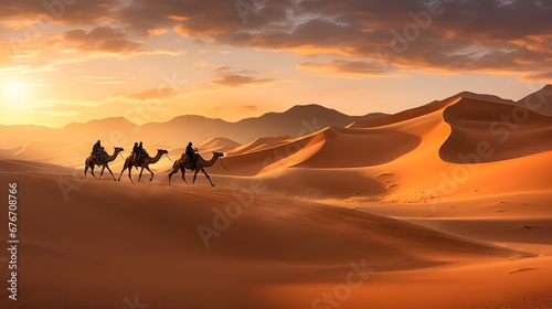 Desert caravan in motion  panoramic shot of camels and traders crossing vast desert expanses  showcasing age-old trade routes amidst nature s majesty.
