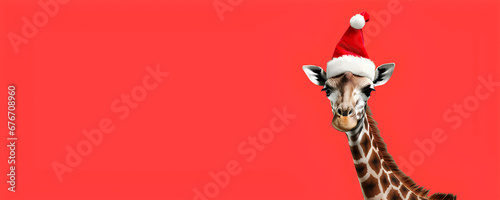 Christmas giraffe red background with copy space photo