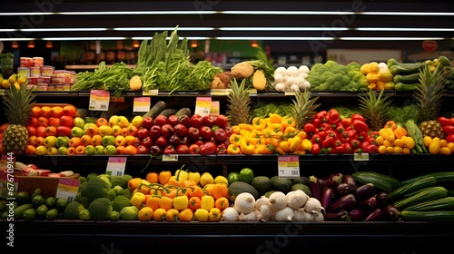 Display of exotic produce, eye-level shot of a vibrant array of imported fruits and vegetables, highlighting the blend of global tastes at a local supermarket.
