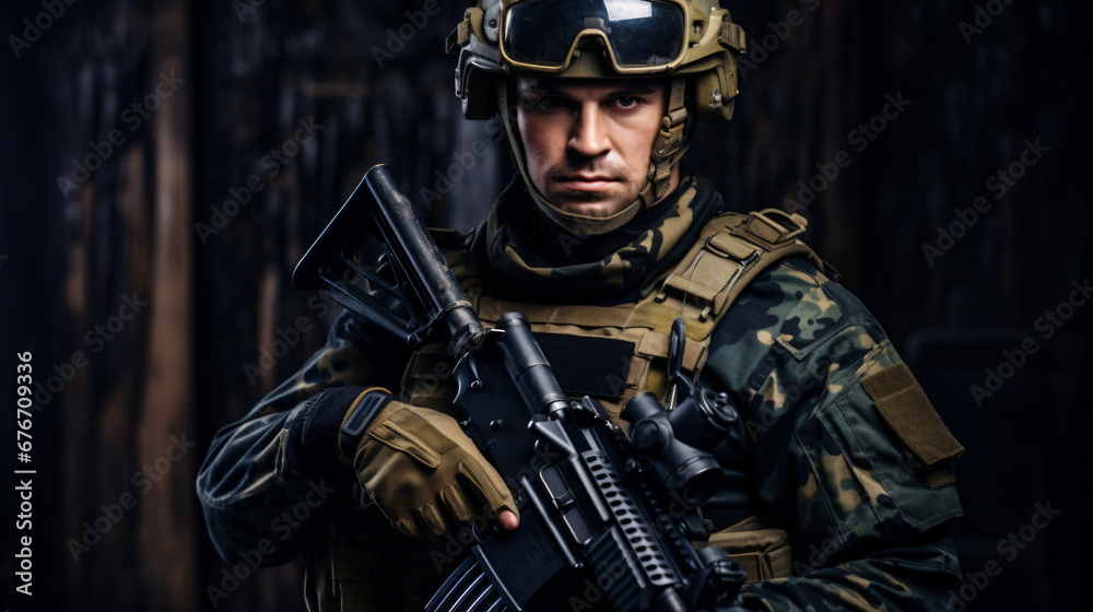 Conflict war. Uniformed soldier in full armor helmet