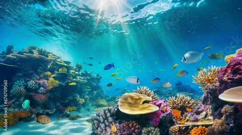 Tropical sea underwater fishes on coral reef. Aquarium oceanarium wildlife colorful marine panorama landscape nature snorkeling diving 