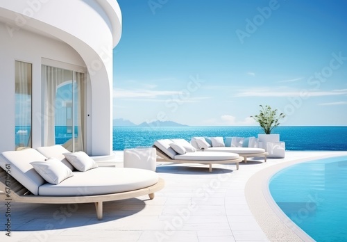 Sea view. Luxury modern white beach hotel with swimming pool (AI Generator) © dj