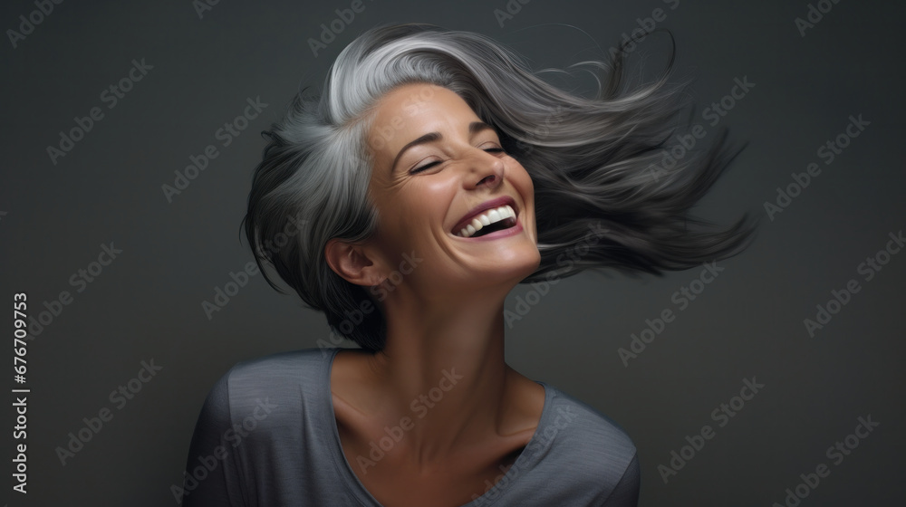 Joyful mature woman with flowing silver hair and a hearty laugh, embodying carefree elegance.