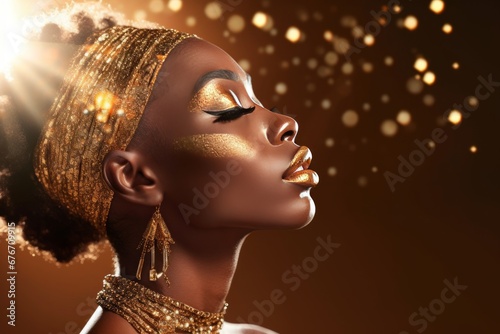 Gorgeous and beautiful young black woman wearing gold and and sparkles. Curly black hair with golden sparkles and glitter. Golden glitter flares. 