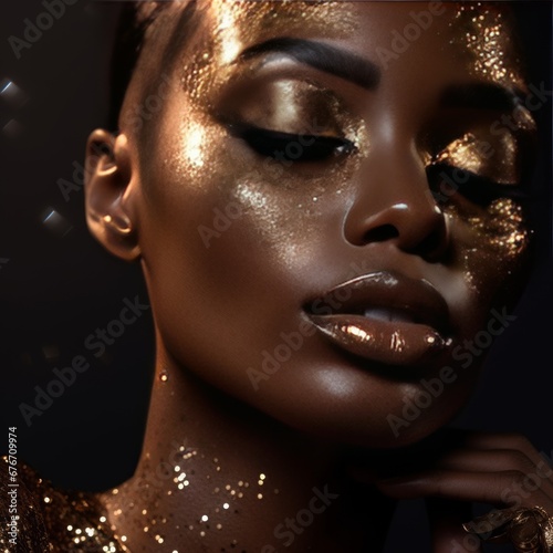 Gorgeous and beautiful young black woman wearing gold and and sparkles. Curly black hair with golden sparkles and glitter. Golden glitter flares. 