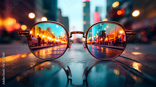 glasses zooming into a night city street, photography