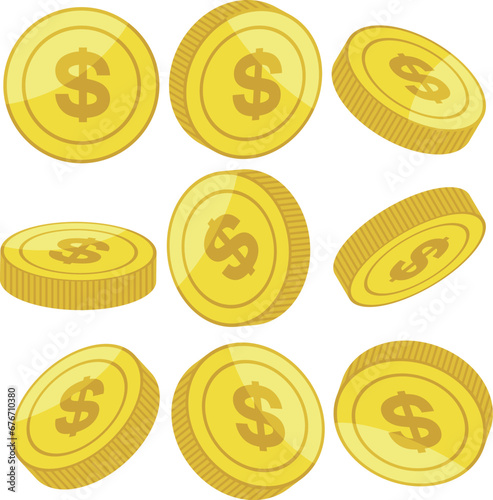 角度違いの＄マークのついたドルコイン