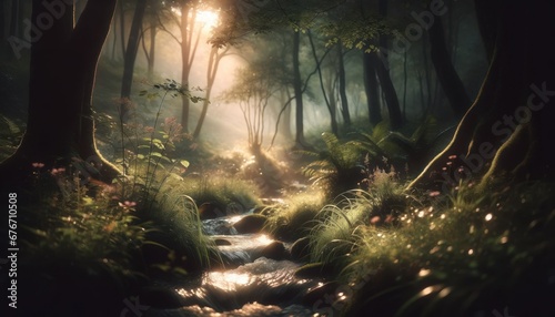 Evocative image of a tranquil forest glade with soft sunlight and gentle stream  expressing peace and quietude 