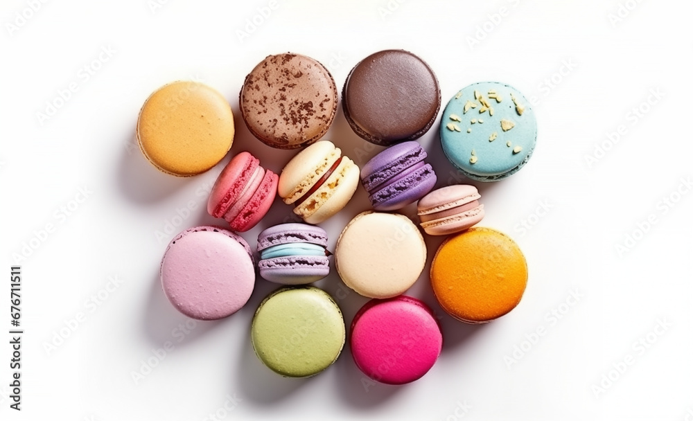 Macaroons on white background. variety of macarons or macaroons with bright and cheerful color tone top view on white background, collection of delicious food theme Macaroons on white background. variety of macarons or macaroons with bright and cheerful color tone top view on white background, collection of delicious food theme