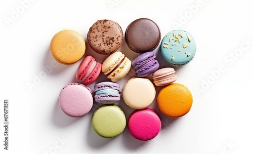 Macaroons on white background. variety of macarons or macaroons with bright and cheerful color tone top view on white background, collection of delicious food theme