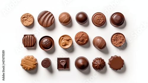 Chocolate on white background. variety of artisan chocolate with different shapes, texture and flavour, top view on white background, collection of delicious food theme