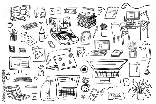 Big set of laptops, computers with PC mouse,  keyboard, headphones, books, plants. Office, home office, freelance work, coworking, teaching or studying at home. Working online. Hand drawn. Doodles
