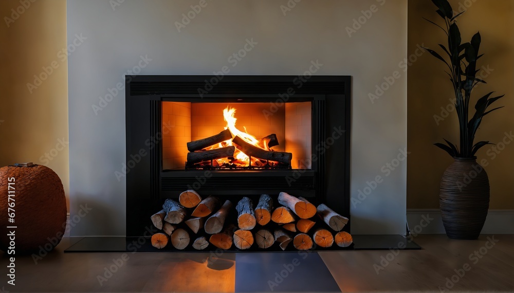 A cozy fireplace. The flickering flames dance with vibrant hues of oranges and yellows, casting a soft, inviting glow on the surrounding room. 