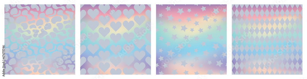 Set of geometric seamless patterns on holographic neon. Shiny hologram texture. Foil pattern. Metallic gradient. Vector Set of geometric seamless patterns on holographic neon. Shiny hologram texture. Foil pattern. Metallic gradient. Vector
