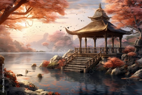 Asian pavilion by the water Symbol of aging in Asian countries Generative Ai photo