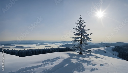 A serene snowy landscape, showcasing the subject of a majestic pine tree covered in glistening frost. The tree stands tall and proud, with its branches gracefully reaching towards the clear blue sky.  © Kai Köpke