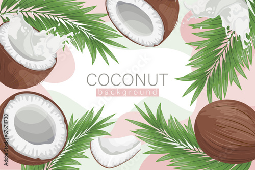 Coconut background. Cosmetic label background, realistic coconut milk, coconut and palm leaves on abstract pink texture. Beach poster. Vector