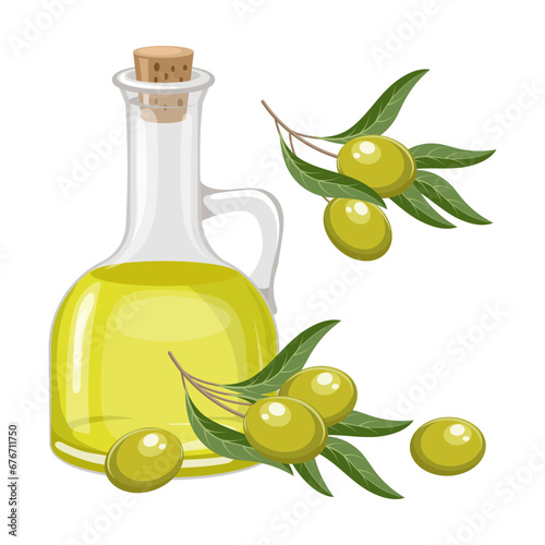 Olive oil and twigs with olives and leaves. Food illustration, vector